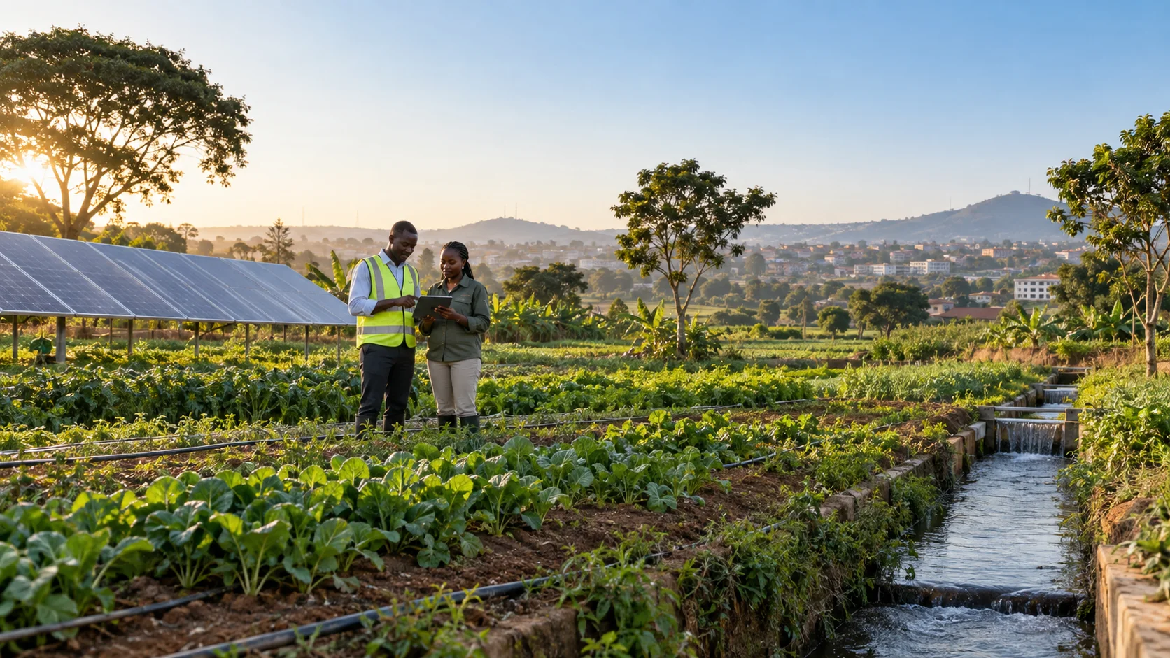 Environmental professionals reviewing field data beside solar-powered climate-smart farmland