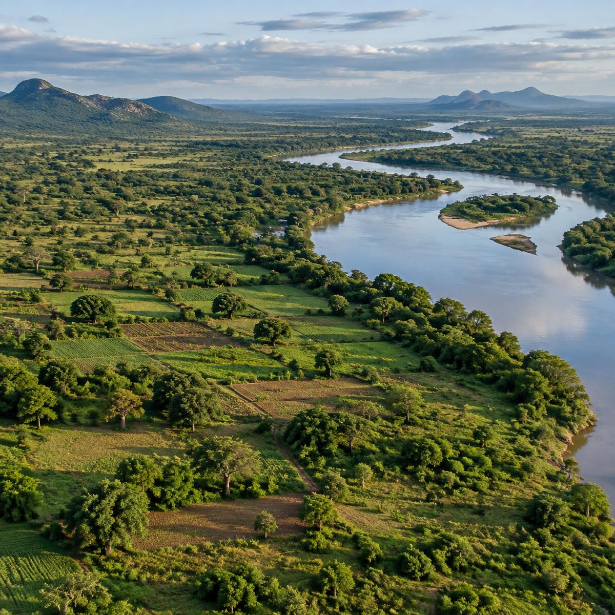 African farmland and natural ecosystems surrounding a river